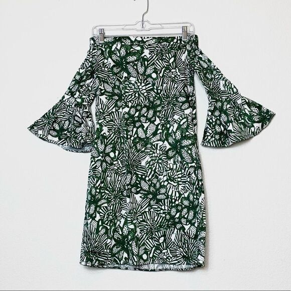 H&M Green & White Floral Off the Shoulder Bell Sleeve Sheath Dress - Picture 4 of 6